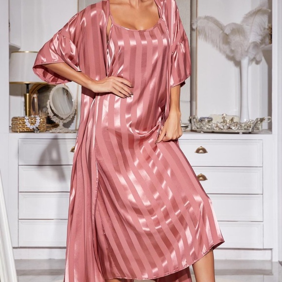 Striped Flounce Sleeve Open Front Robe and Cami Dress Set - Picture 7 of 11